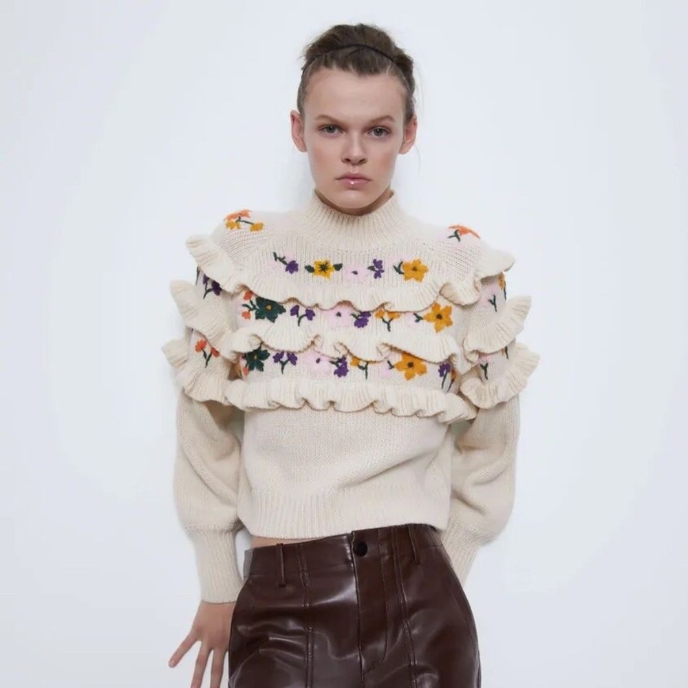 Embroidered ruffle Zara sweater